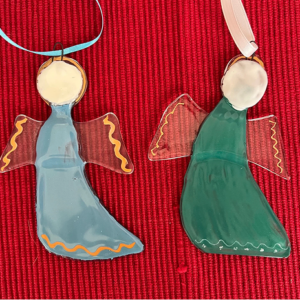 Colorful angel decorations with ribbons