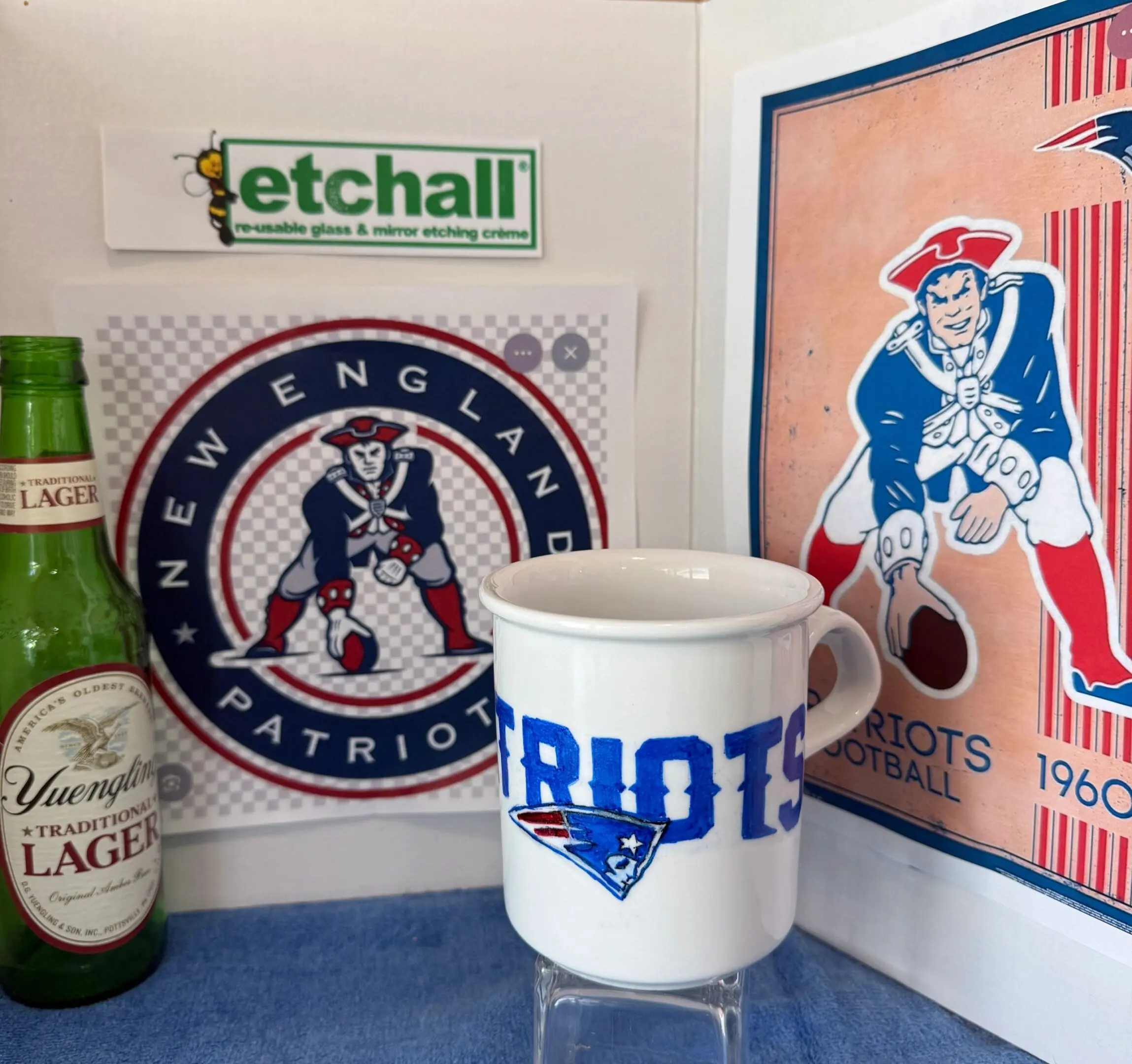 Football-themed display with Patriots items