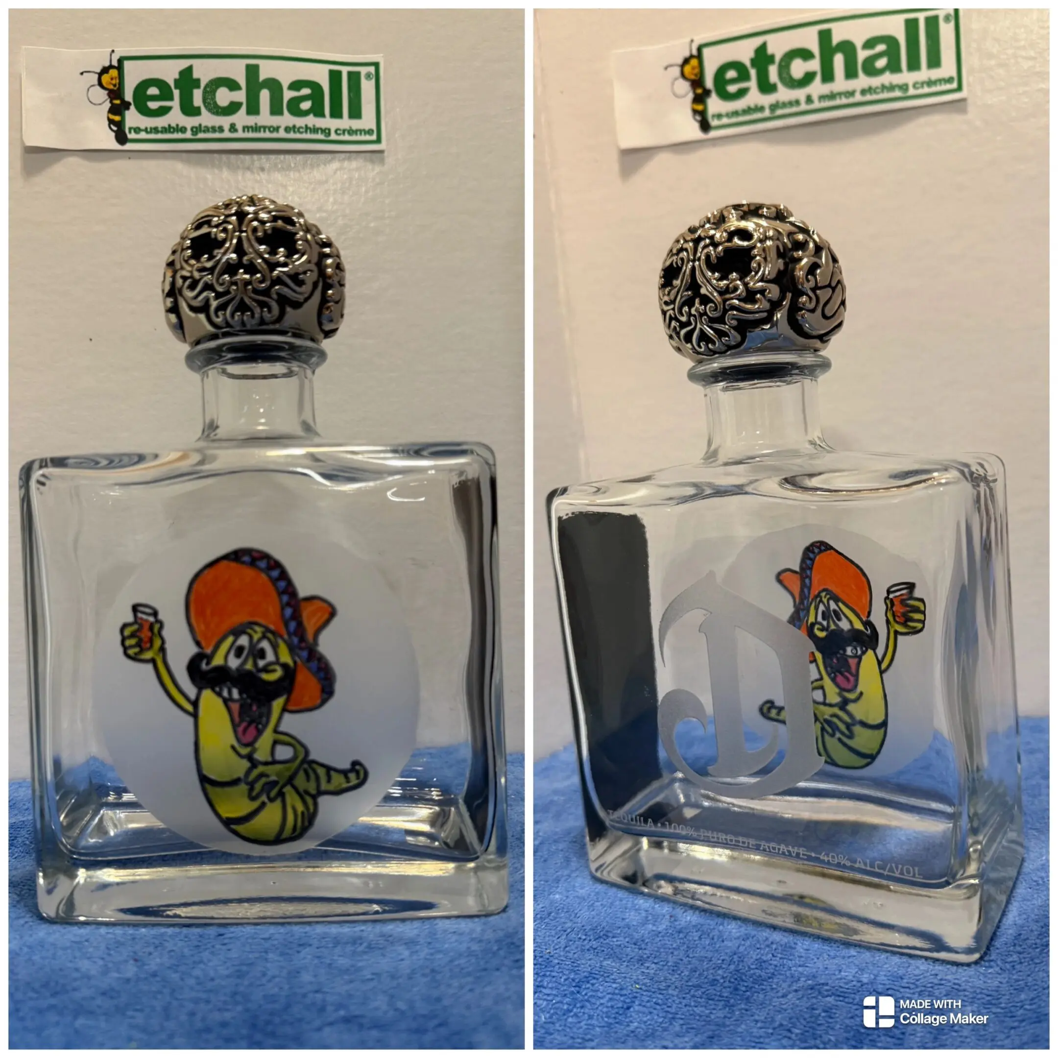 Intricate bottle with playful worm illustration