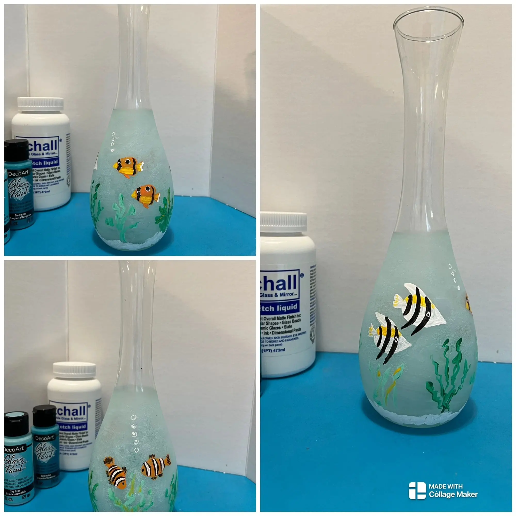Glass vase with fish and seaweed