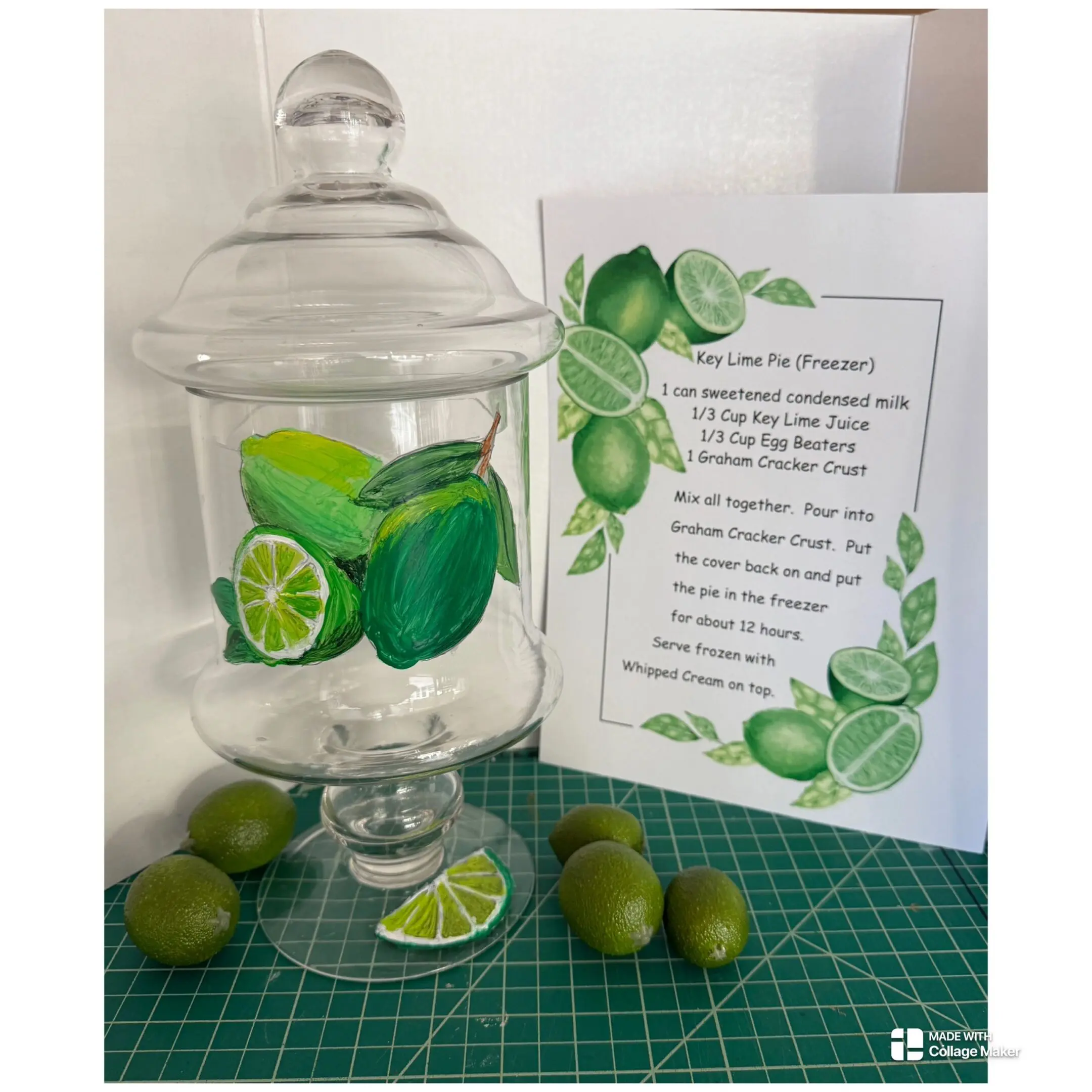 Glass jar with limes and recipe card