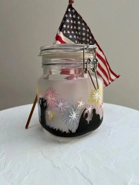 Decorative jar with USA flag backdrop