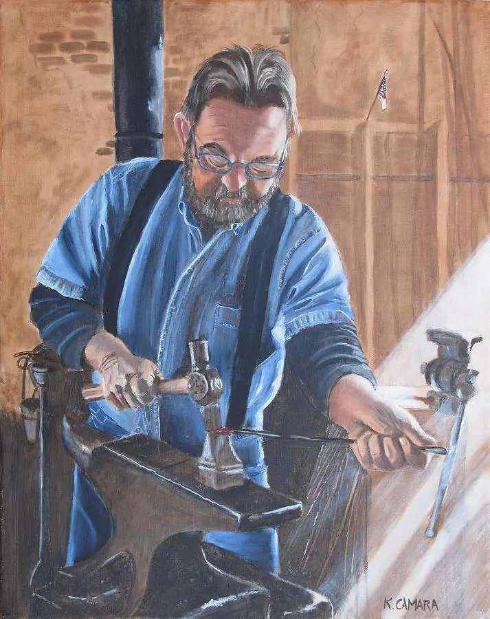 Painting of blacksmith forging hot metal at anvil