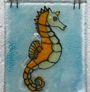 Hanging orange seahorse stained-glass panel