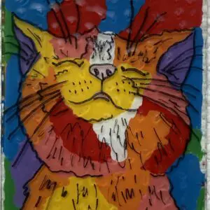 Colorful abstract cat illustration with joyful expression.
