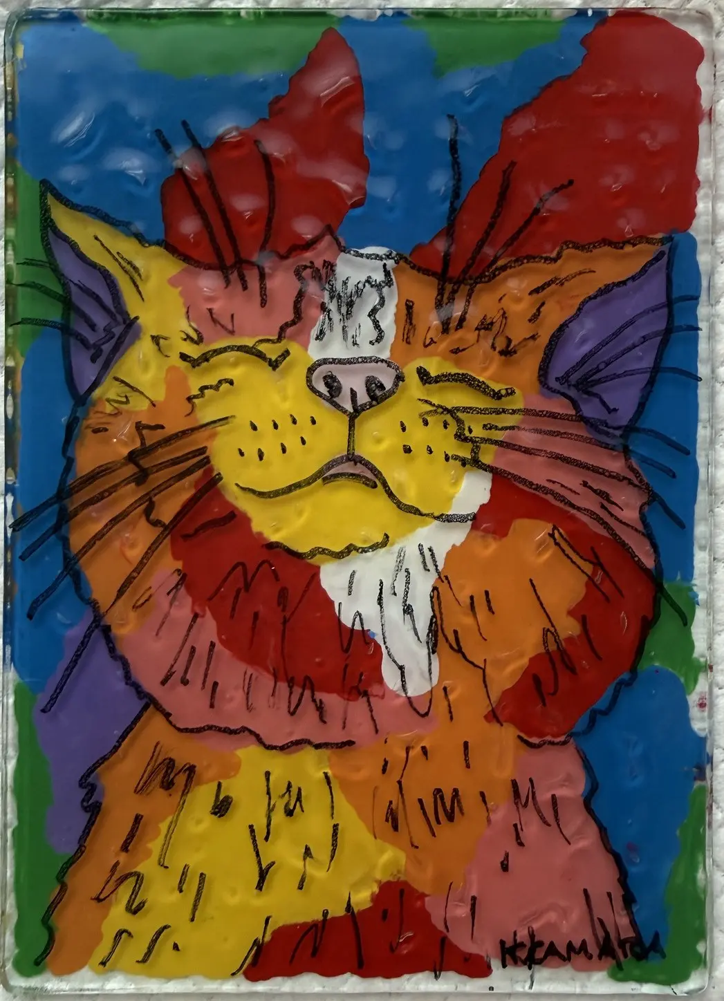 Colorful abstract cat illustration with joyful expression.