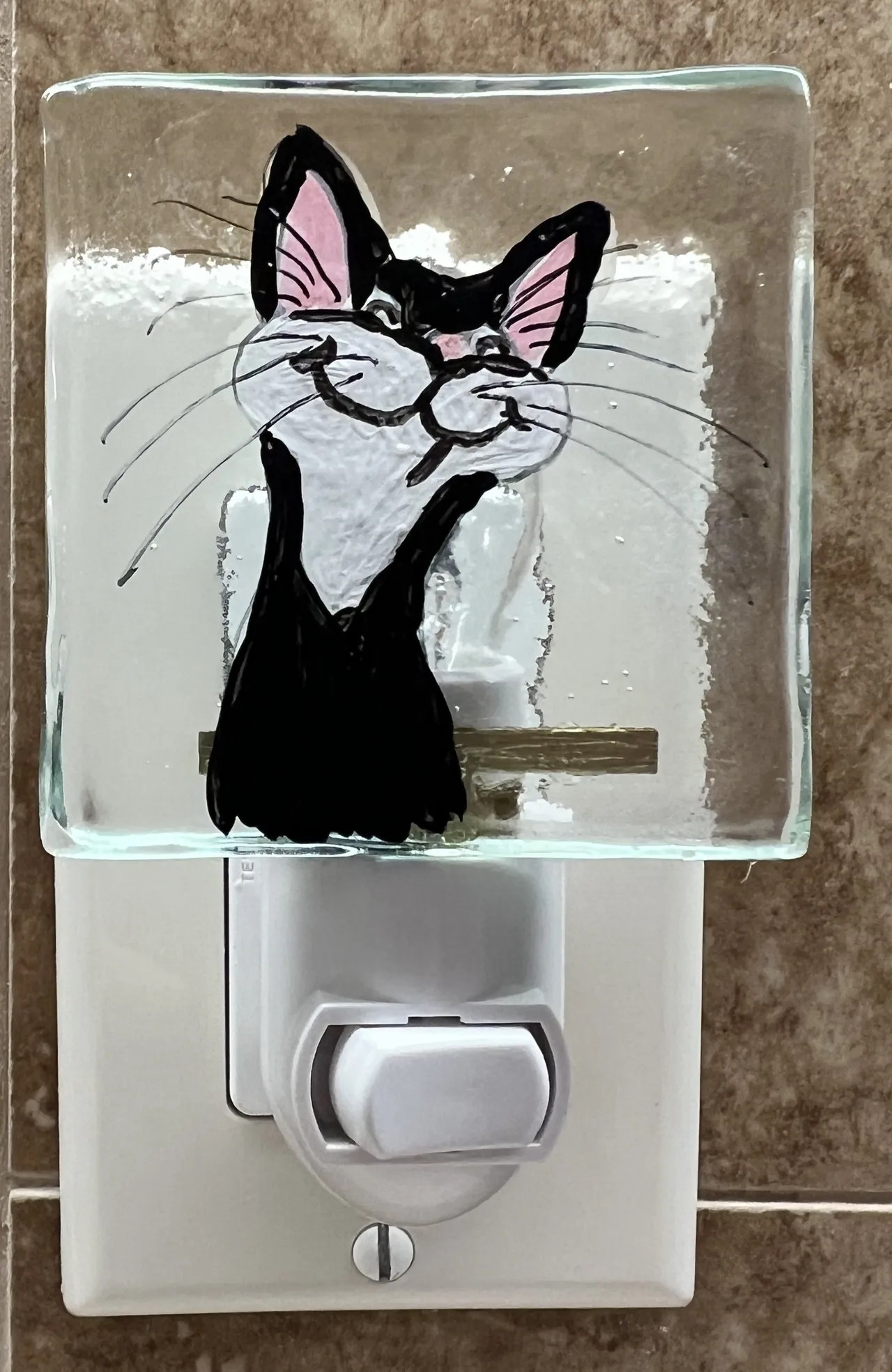 Cat illustration on glass night light.