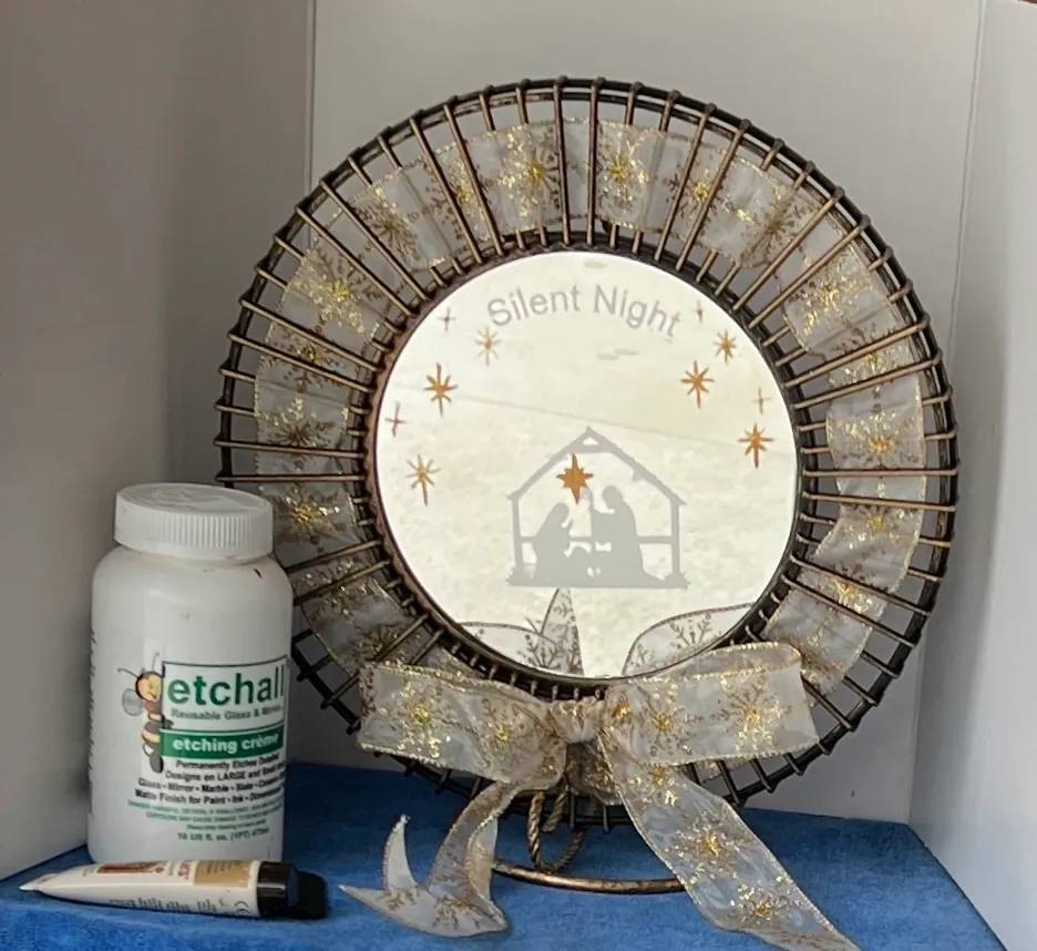 Decorative plate with nativity scene and cream.