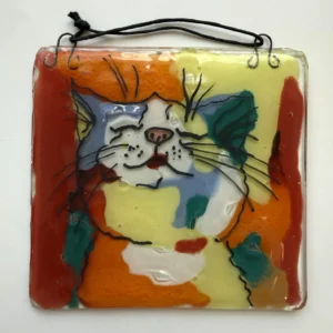 Colorful fused glass cat wall hanging