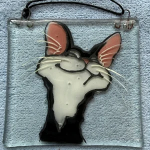 Smiling black and white cat glass suncatcher