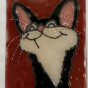 Smiling cartoon cat glass art panel