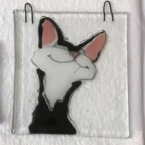 Smiling black-and-white cat glass suncatcher